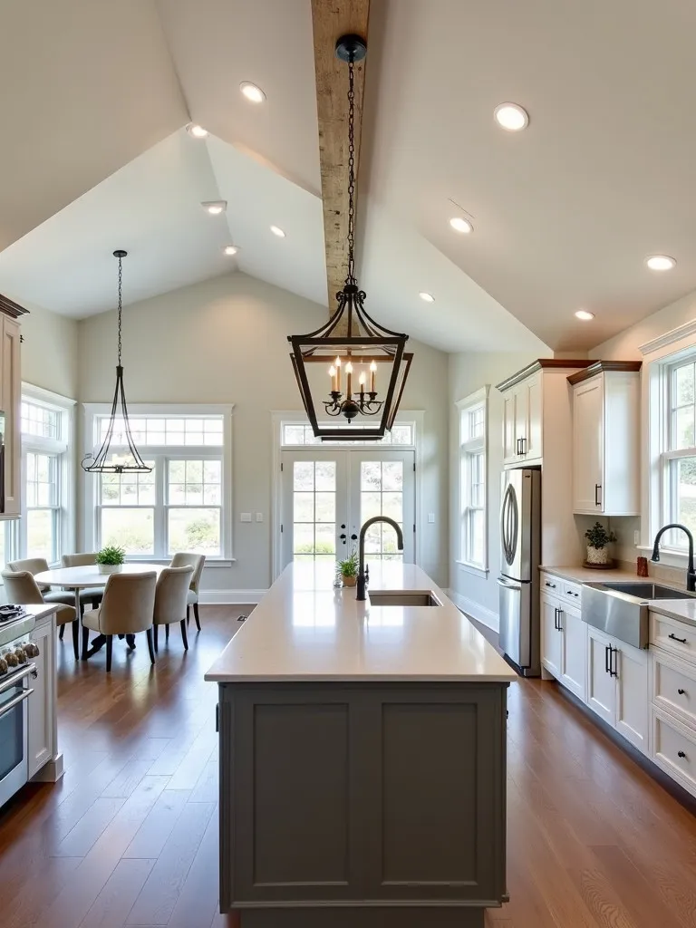 Open concept farmhouse kitchen with vaulted ceiling and large iron chandelier