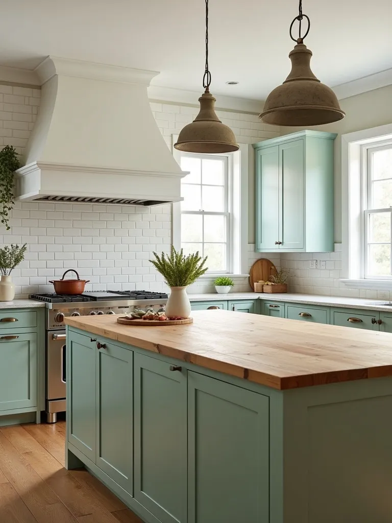 Practical farmhouse kitchen featuring green cabinets and large butcher block island
