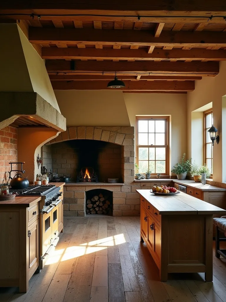 Rustic farmhouse kitchen with stone fireplace and reclaimed wood floors