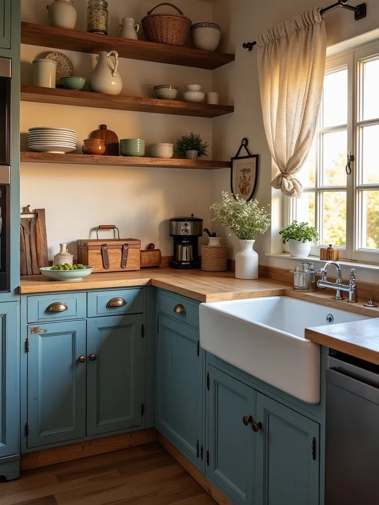 Rustic kitchen with blue cabinets, open shelving, and farmhouse sink