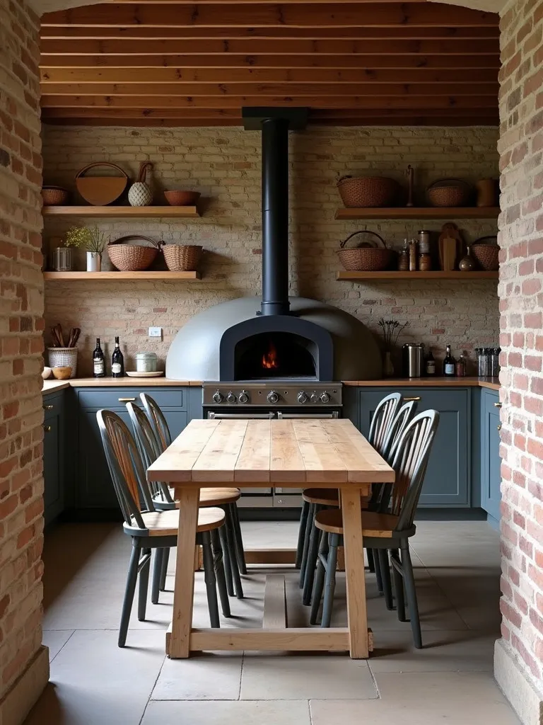 Rustic kitchen with pizza oven, long table, and open shelves with baskets