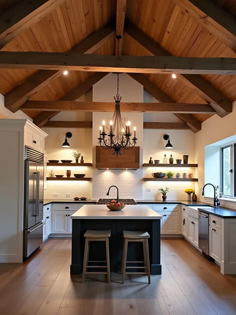 Rustic kitchen with wooden beams, iron chandeliers, and LED lit floating shelves