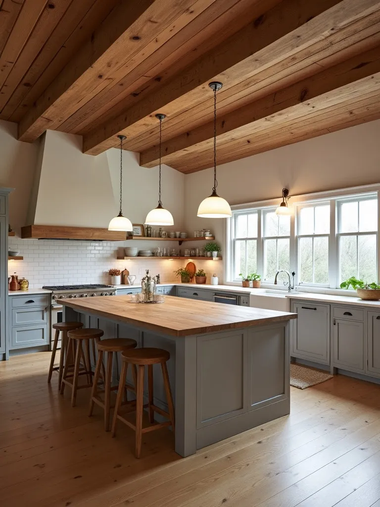 Rustic kitchen with wooden elements and pendant lights creating a warm ambiance