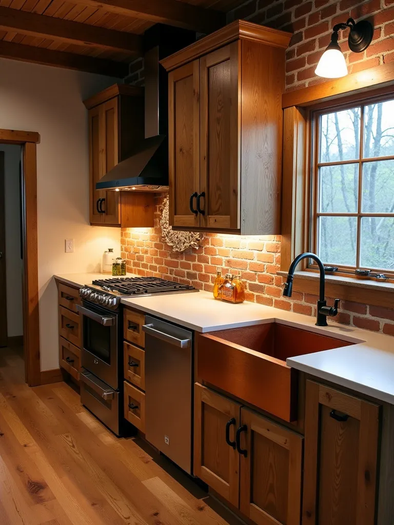 Side view of kitchen with wood cabinets, copper sink, and brick backsplash