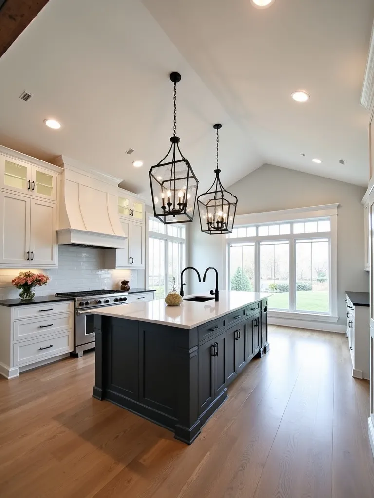 Spacious kitchen with high ceiling, prominent chandelier, and recessed lights