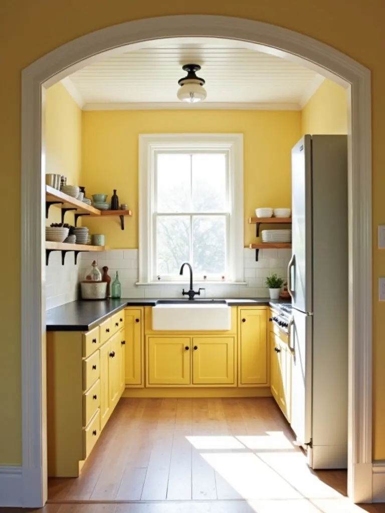 Sun filled farmhouse kitchen featuring yellow walls and white accents