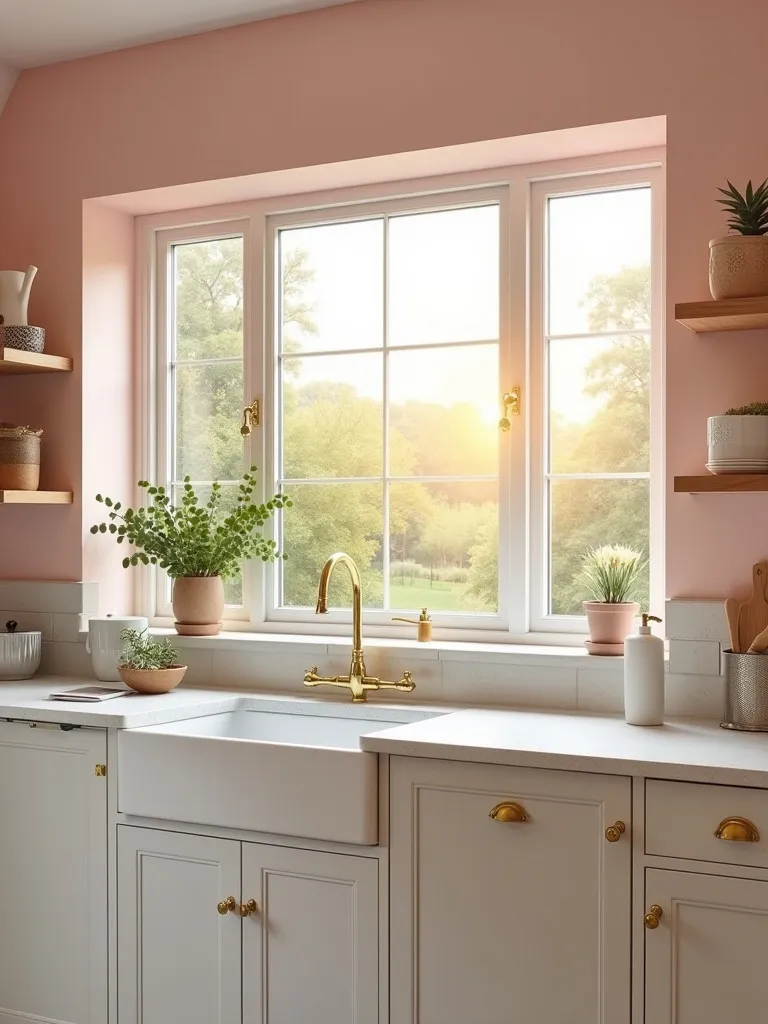 Sunrise farmhouse kitchen with pink walls, white cabinets, and brass hardware