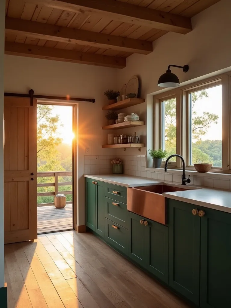 Sunset lit farmhouse kitchen with green cabinets, barn door, and copper sink