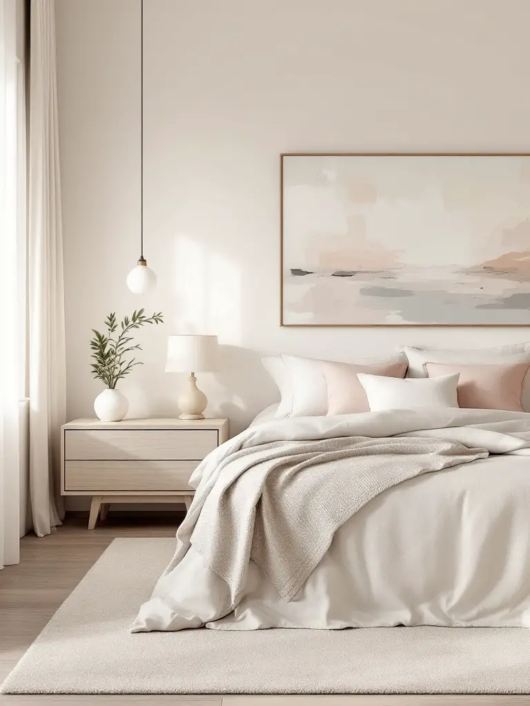 An elegant bedroom interior with light beige walls and neutral bedding, designed to create a cohesive and tranquil look.