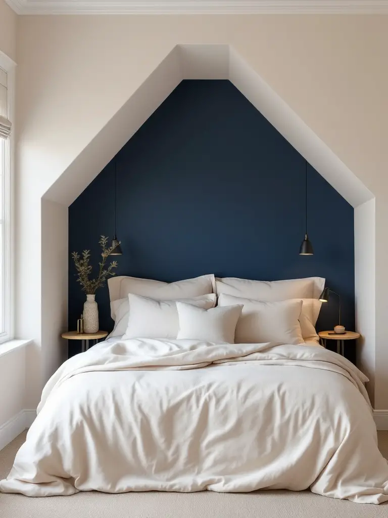 A stylish small bedroom with a deep navy accent wall behind the bed, contrasting beautifully with the soft white of the surrounding walls.