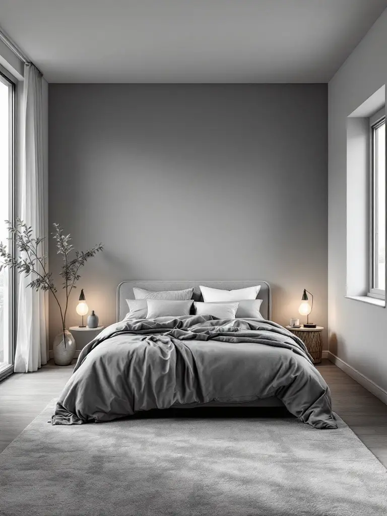 A cozy bedroom designed with a monochrome palette, featuring different shades of soft grey that create a smooth and unified look.