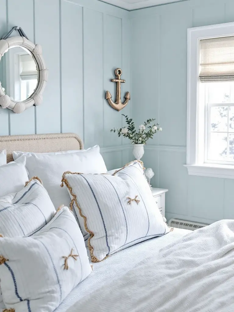 A restful bedroom with soft blue walls and crisp white accents