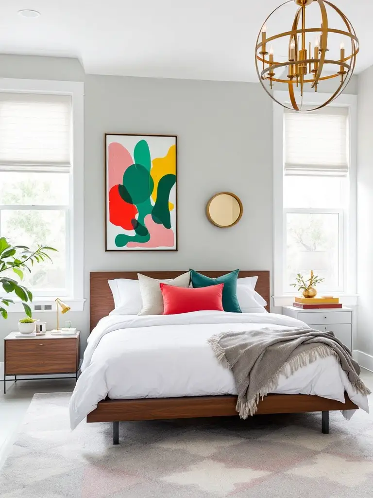 A contemporary bedroom with pale gray walls that set the stage for pops of color in the decor, making each piece stand out like a work of art.