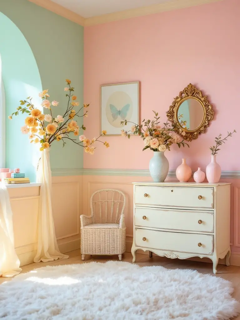 A whimsical bedroom with a mix of pastel colors like mint green, pale pink, and soft yellow, creating a playful and eclectic atmosphere.