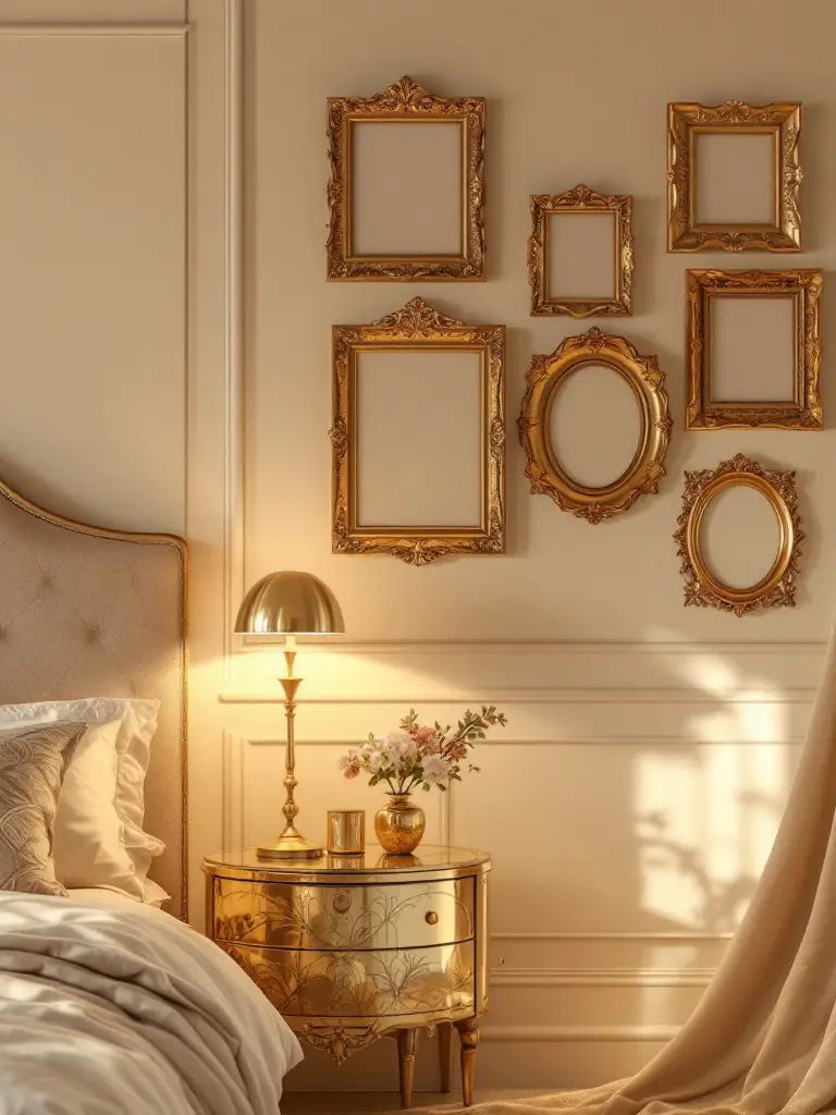 A stylish bedroom with soft beige walls, decorated with brass picture frames and a sleek gold-leafed side table.