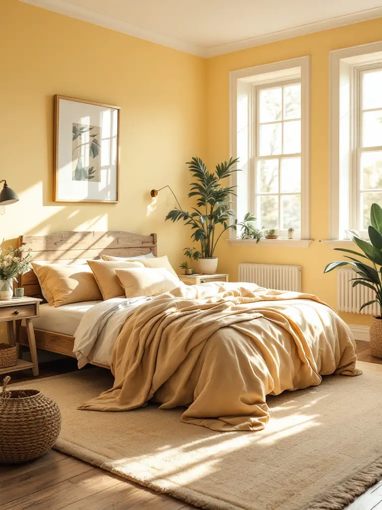 A charming bedroom with soft yellow walls paired with crisp white trim, creating a fresh and sunny vibe that feels like waking up in a cozy countryside cottage.