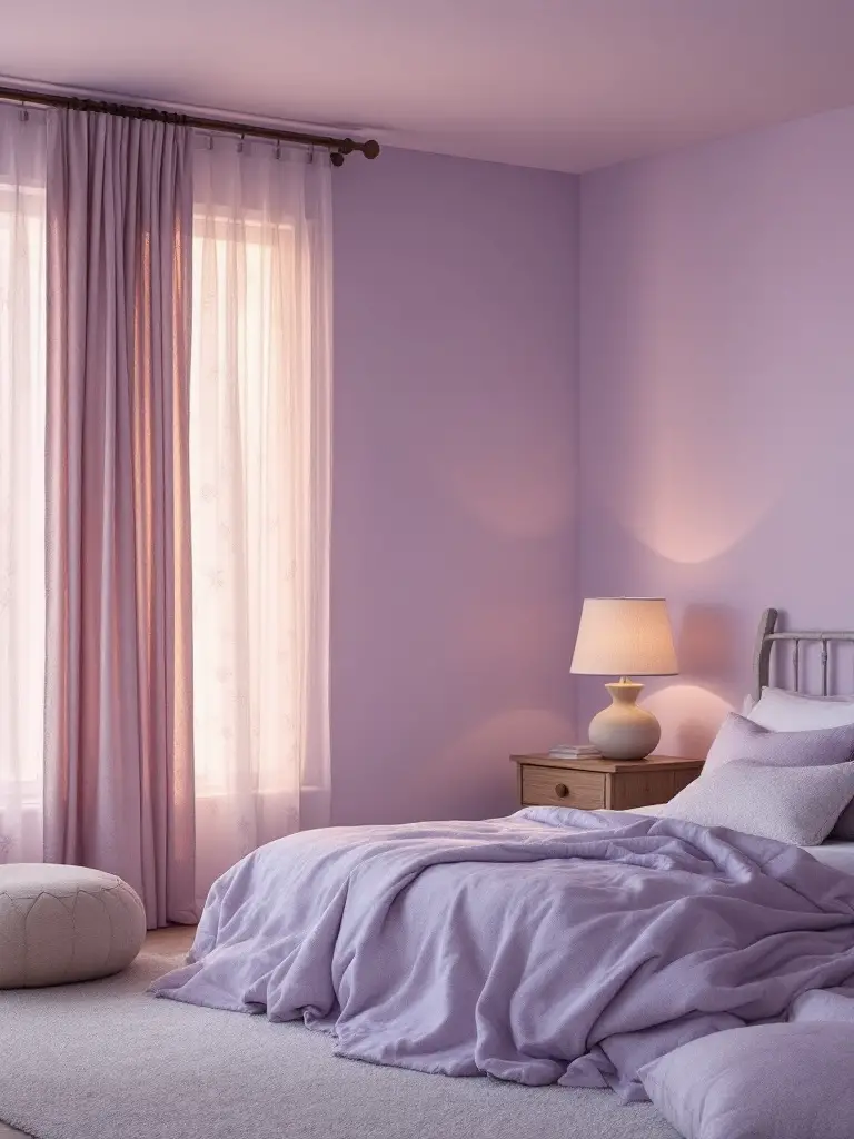 A cozy bedroom designed with walls in a calming lavender shade that mirrors the soothing hues of twilight in an Alaskan summer.