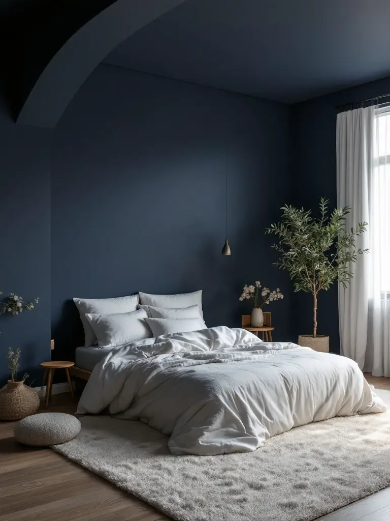 A cozy bedroom with walls painted in a deep navy blue, evoking the calming depths of the ocean and the star-studded night sky. T