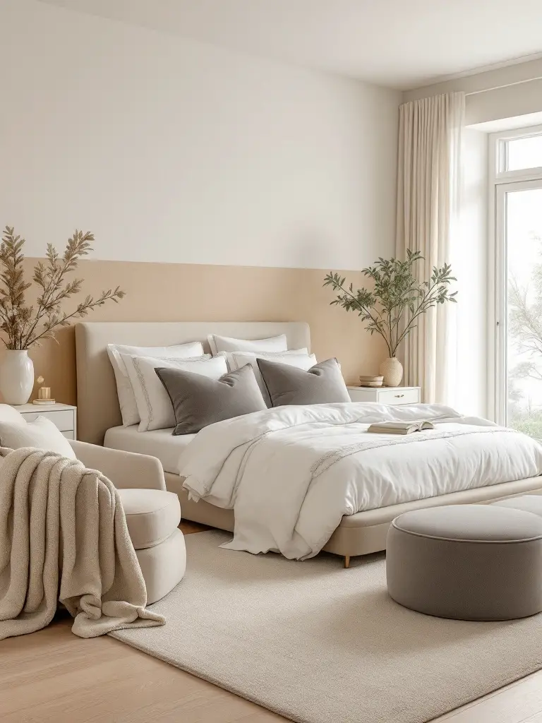 An elegant bedroom featuring walls in different shades of beige and cream, creating a soothing and adaptable backdrop.