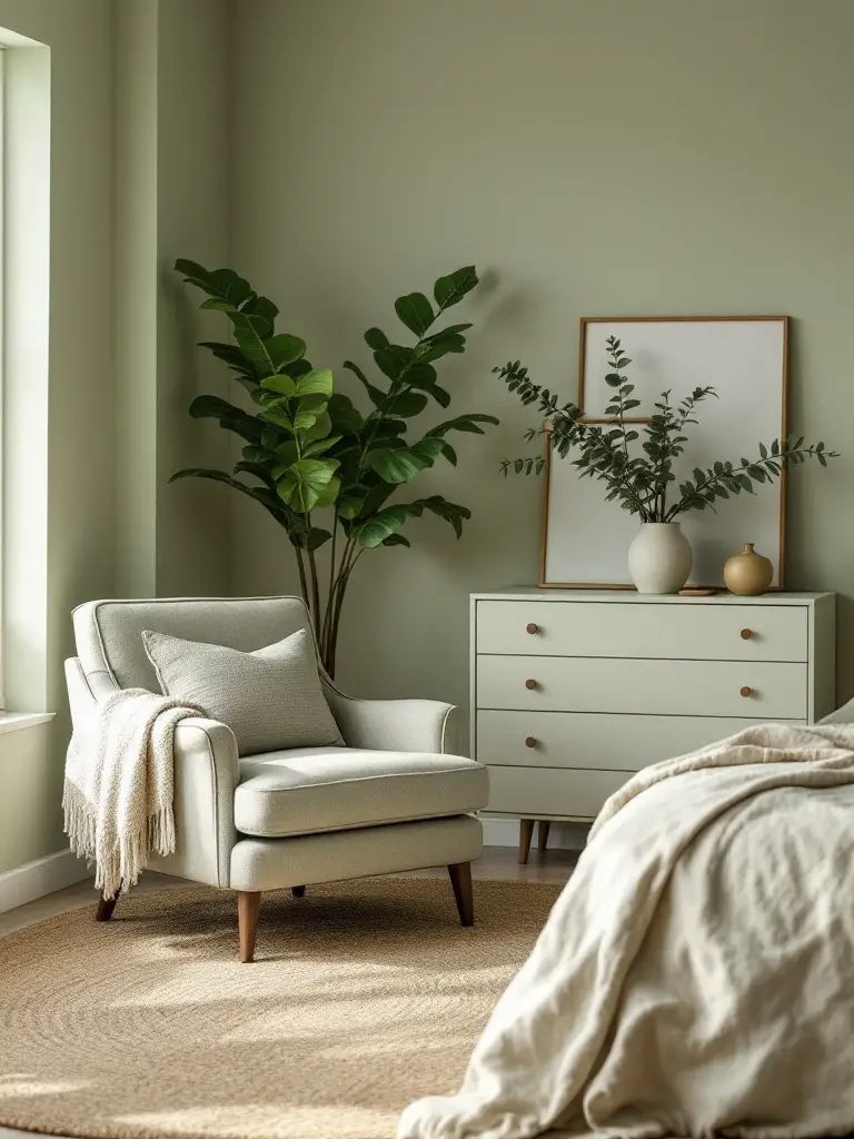 An elegant bedroom featuring soft green tones that resemble fresh spring leaves, creating a tranquil and nature-inspired atmosphere.