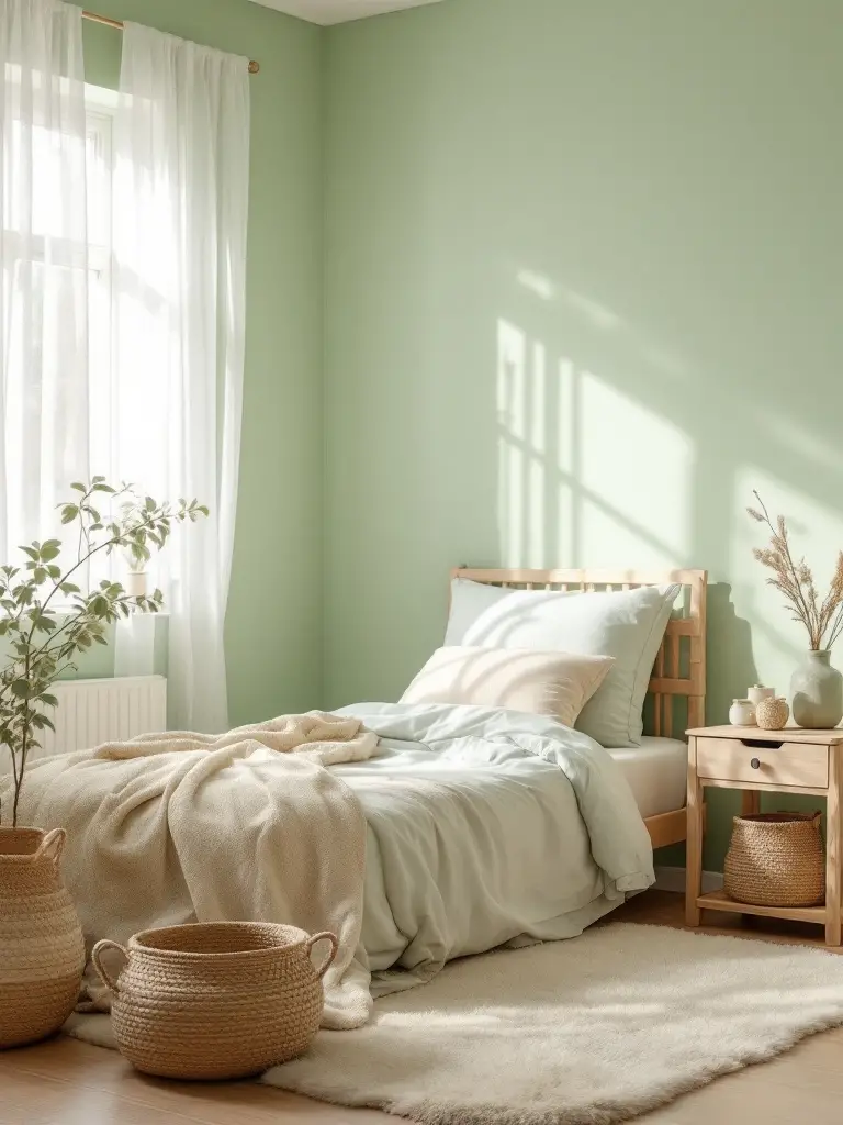 A serene bedroom with walls painted in a light green shade reminiscent of fresh spring leaves, creating a calming and refreshing atmosphere.