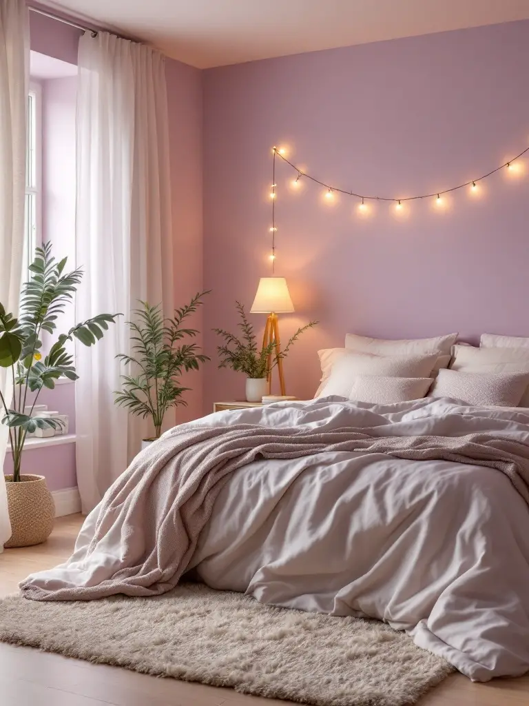 A serene bedroom with walls painted in a soft lavender hue, reminiscent of the last light of an Alaskan summer evening.
