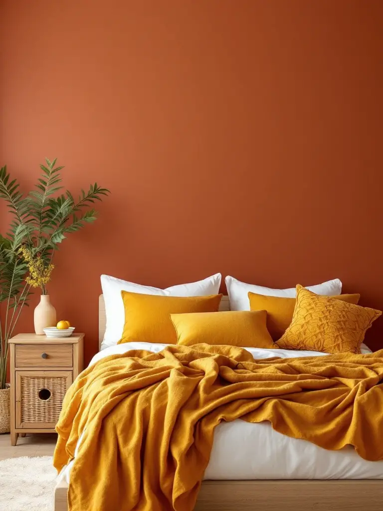 A cozy bedroom with walls painted in a rich terracotta shade, like the smooth vocals of a soul singer – warm, inviting, and full of character.