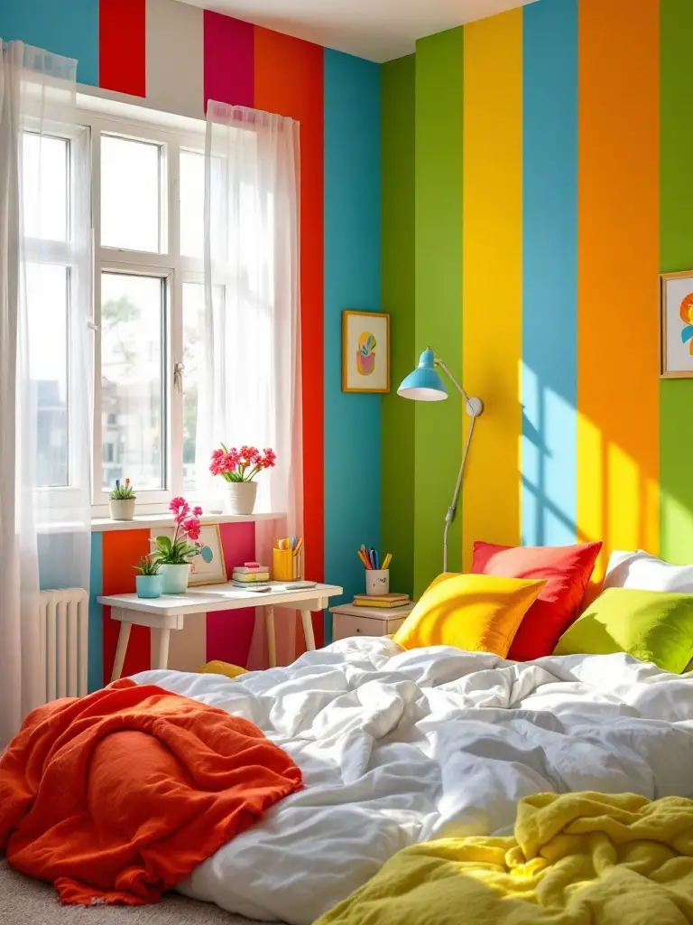 Small bedroom with colorful walls with certical stripes