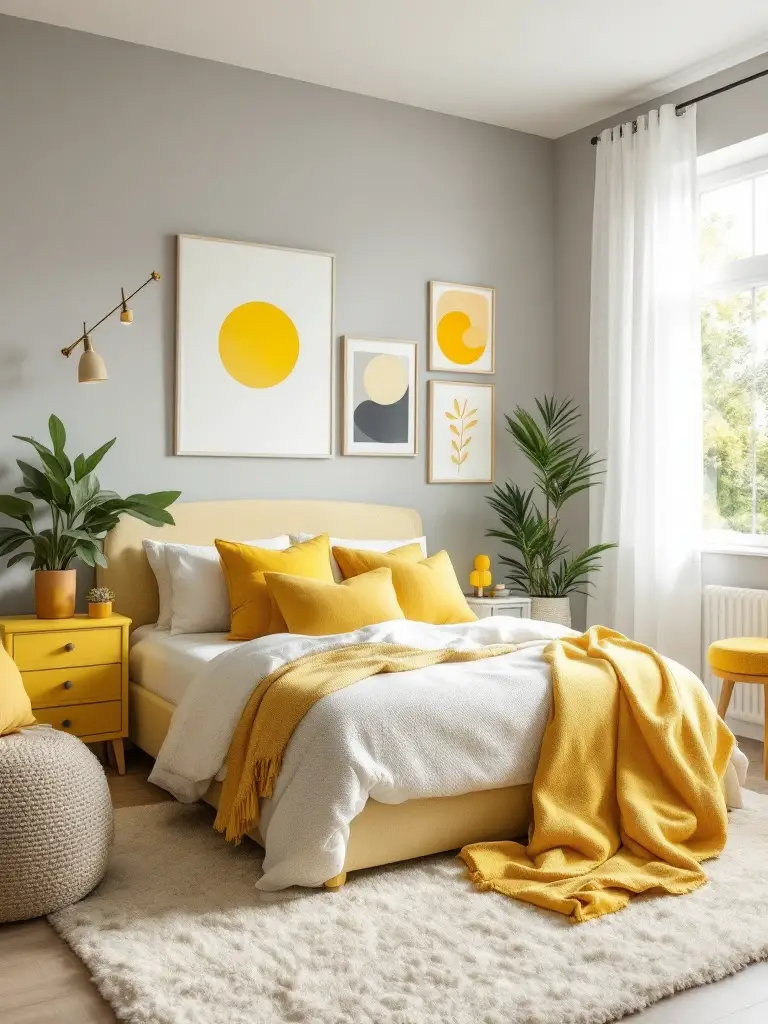 A stylish bedroom with soft gray walls accented by pops of vibrant yellow, creating a lively yet balanced atmosphere.