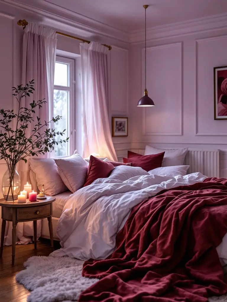 A romantic bedroom with walls painted in soft lavender, complemented by deep burgundy accents that add a touch of passion.