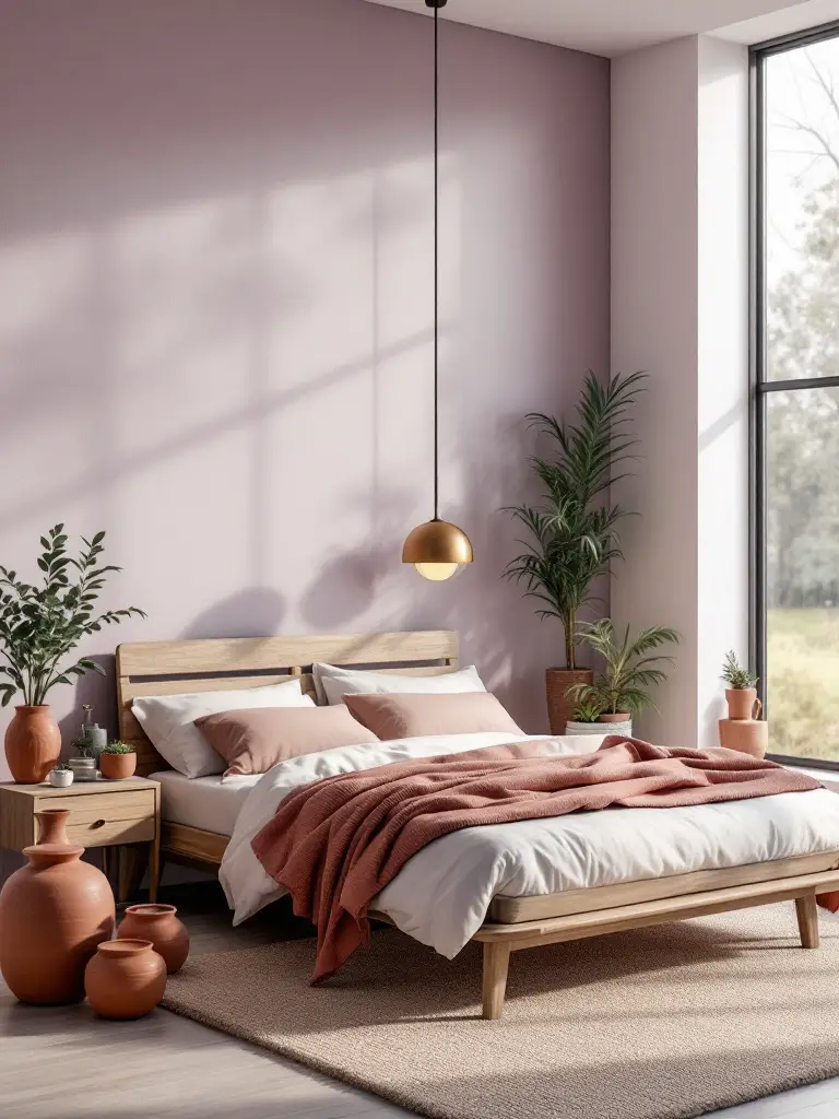 A modern bedroom featuring the top color trends for 2024, with walls painted in a calming shade of digital lavender.