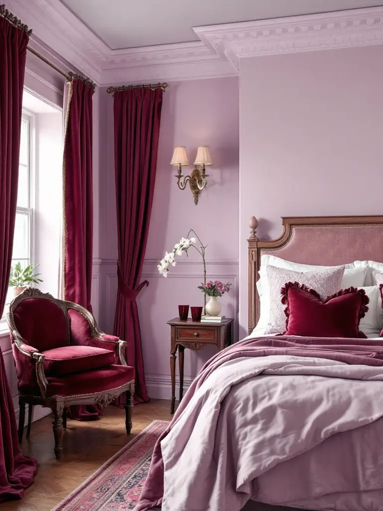 An inviting bedroom with walls in a soft lavender hue, accented by rich burgundy details that add a layer of depth and elegance.