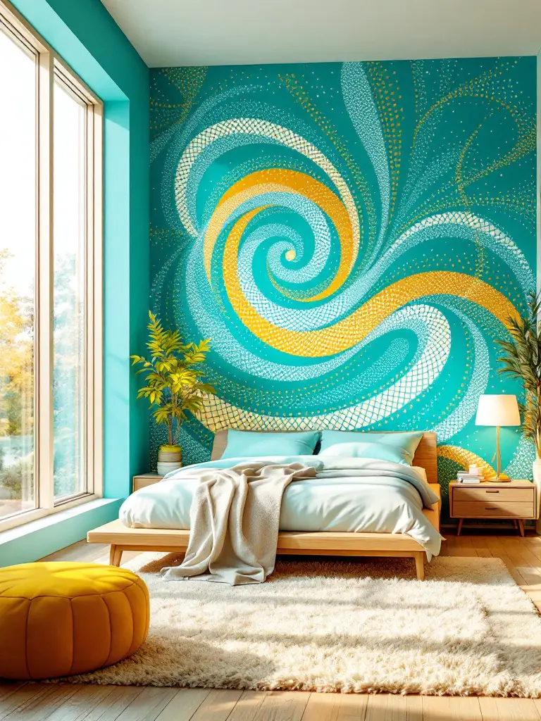 Modern bedroom with colorful walls and geometric patterns