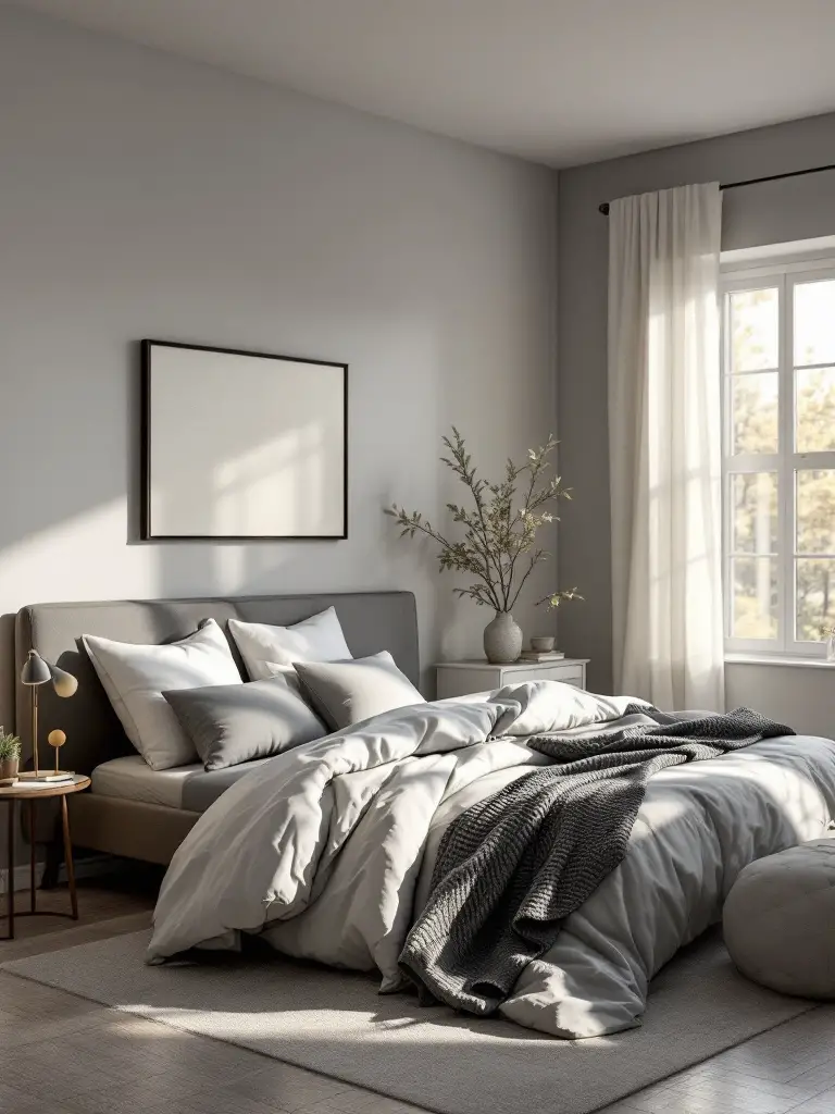 A stylish bedroom with crisp gray walls that look sleek and sophisticated in bright, natural sunlight. 