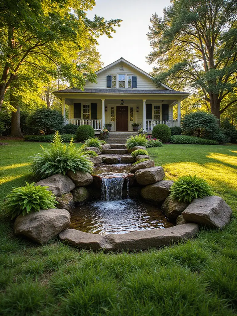 Front yard with a pondless waterfall and lush landscaping.