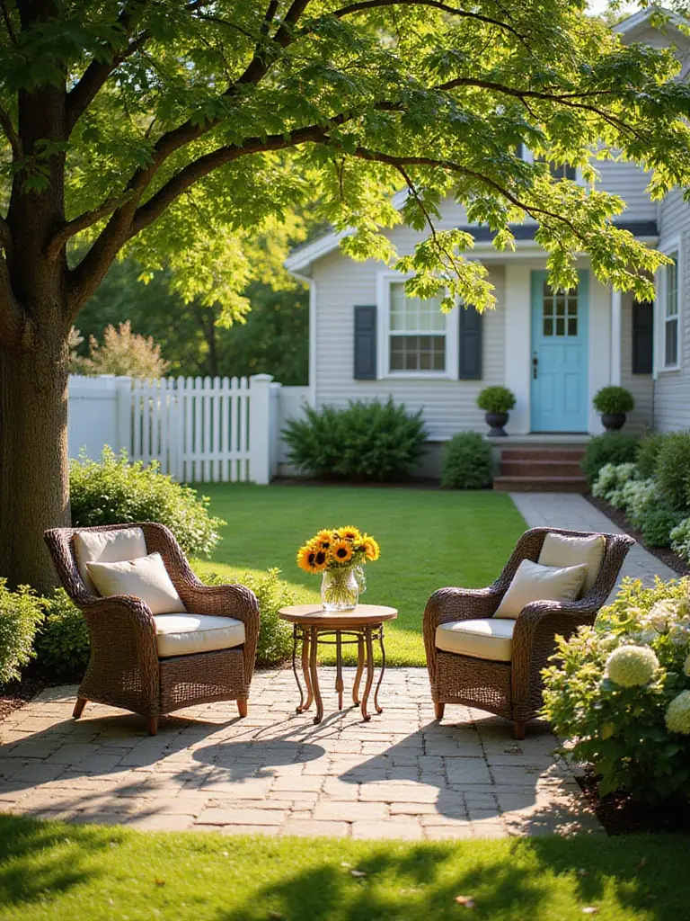 Cozy front yard seating area with wicker chairs and hydrangeas