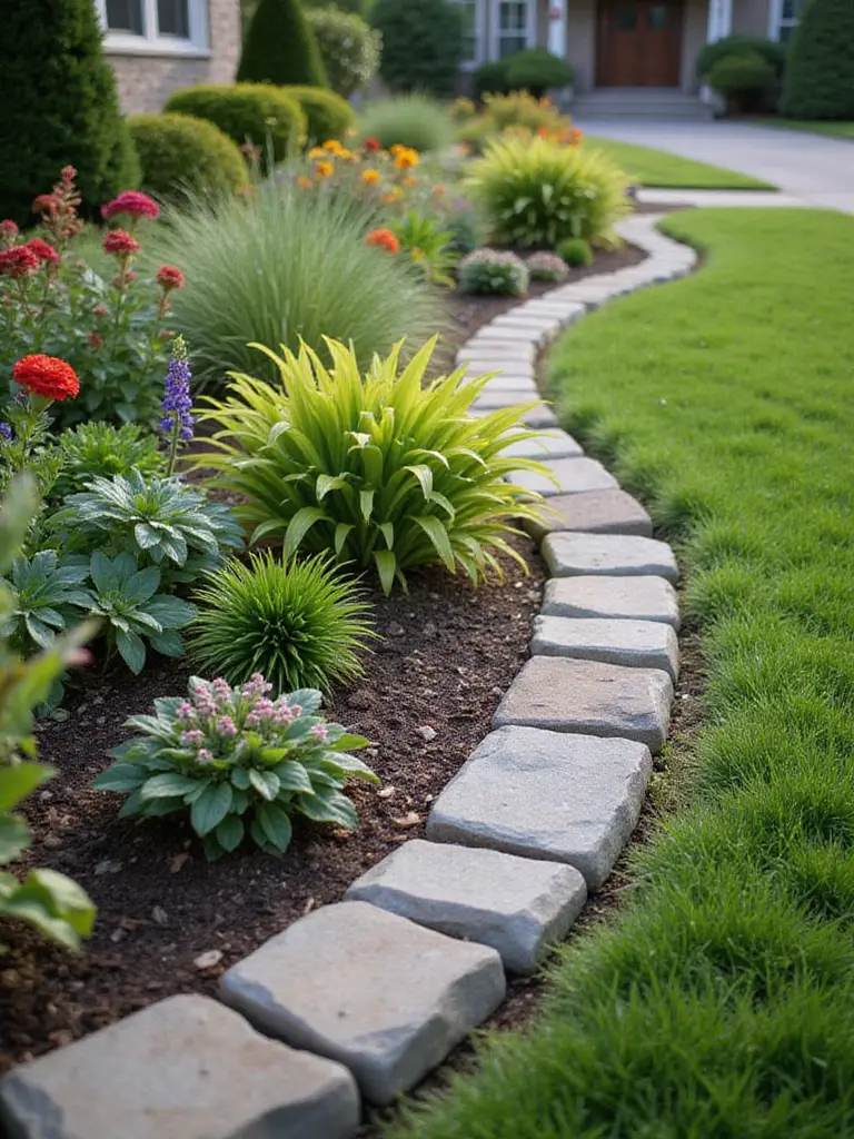 Front yard garden bed with natural stone edging, showcasing polished curb appeal.