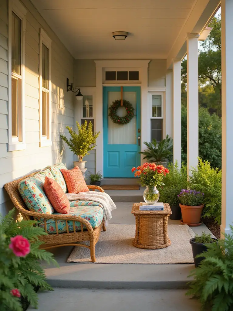 Welcoming front porch with comfortable furniture and decorative plants