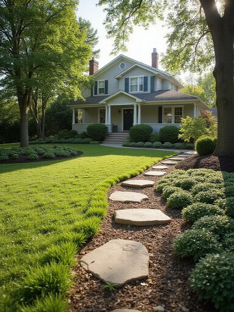 Low-maintenance groundcover replacing grass in a front yard, featuring creeping thyme, sedum, and pachysandra with stepping stones.