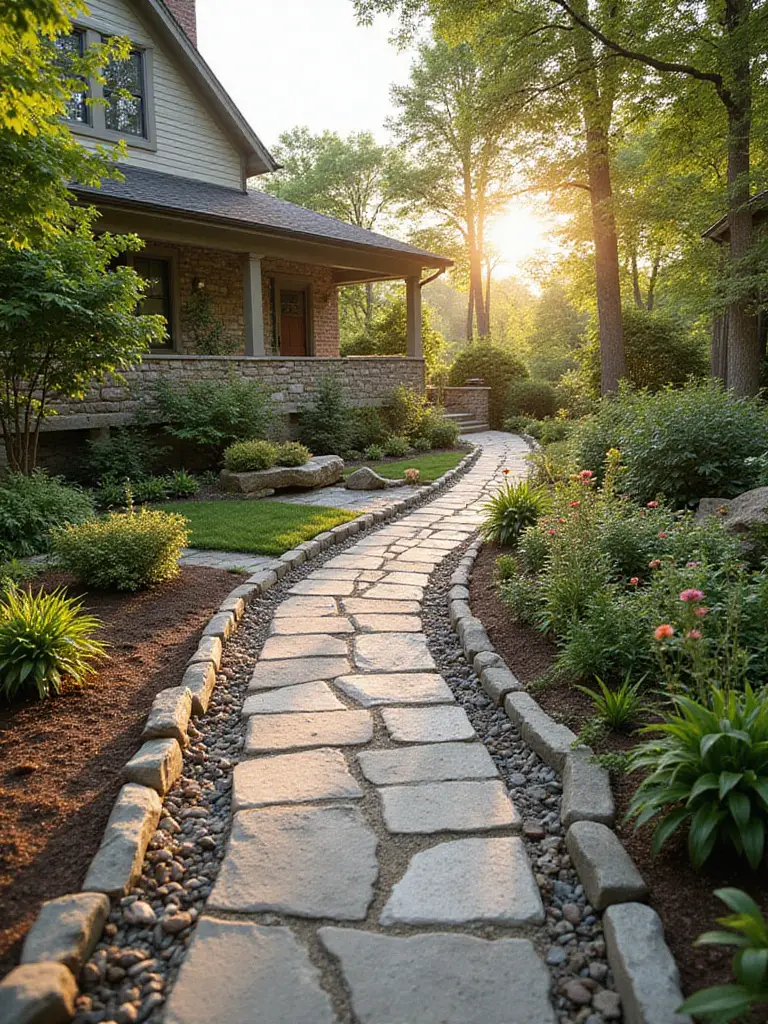 Front yard landscape featuring flagstone pathway, stone edging, dry creek bed, and stone retaining wall.