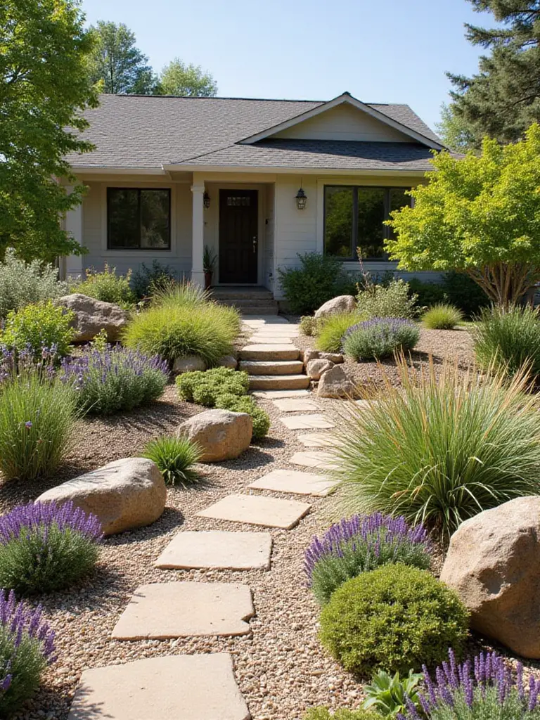 Drought-tolerant front yard landscape featuring succulents, ornamental grasses, and flowering plants.
