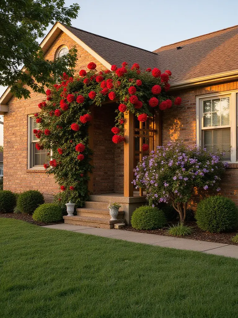 Front yard with climbing roses and clematis on trellises adding vertical interest