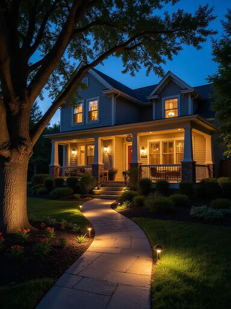 Beautiful front yard illuminated with strategic landscape lighting at dusk.