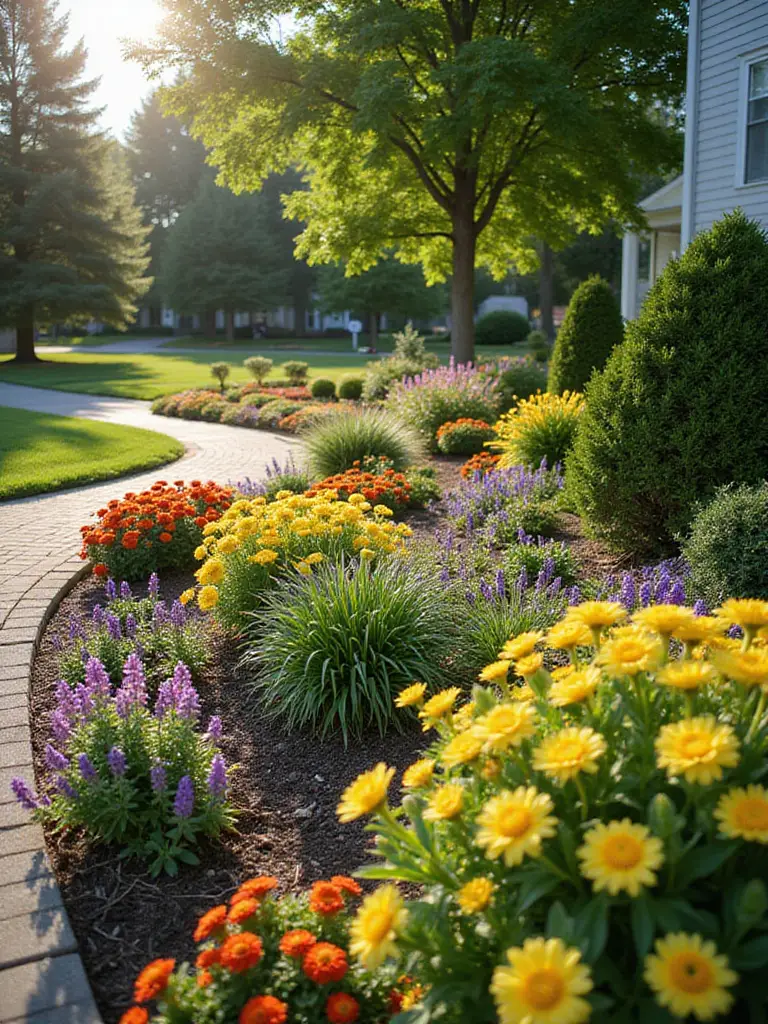Front yard flowerbeds with year-round color, showcasing vibrant spring, summer, fall, and winter blooms.