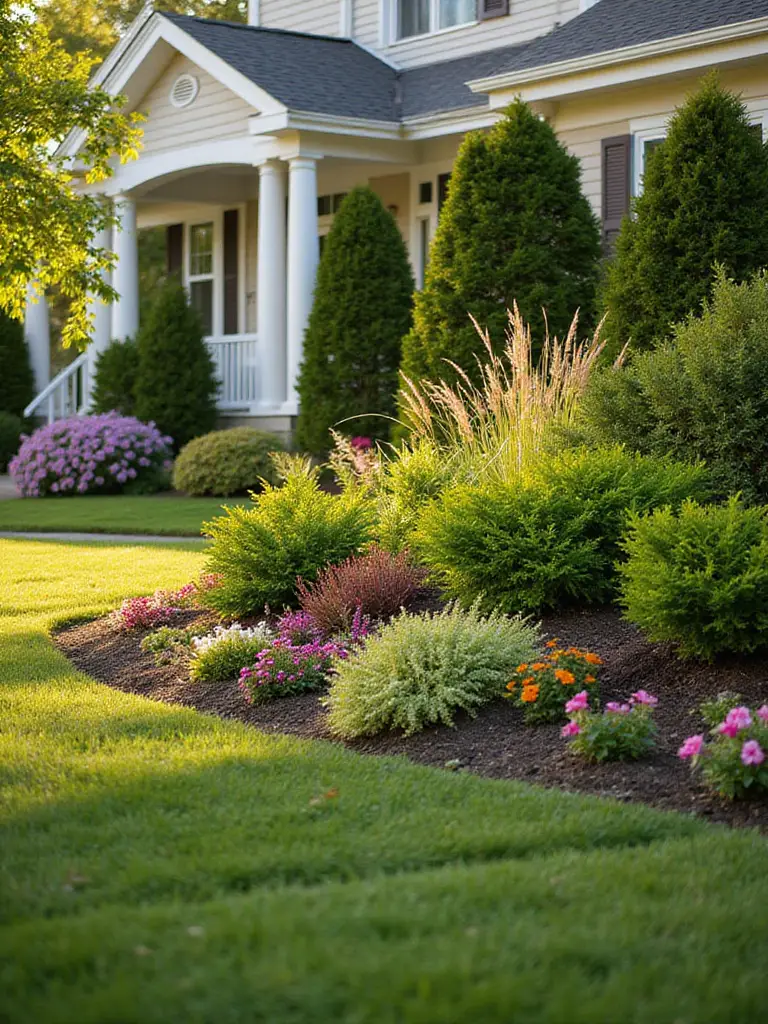 Multi-tiered front yard planting bed with shrubs, perennials, and groundcovers for enhanced curb appeal.