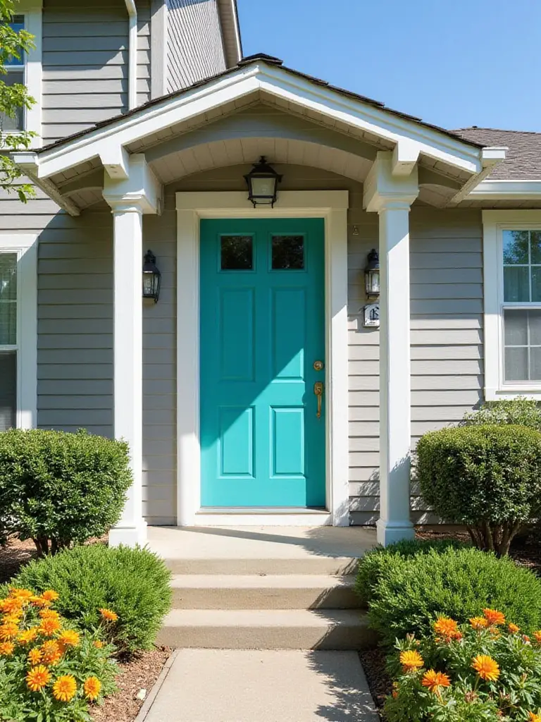 Turquoise front door on grey house with white trim, boosting curb appeal.