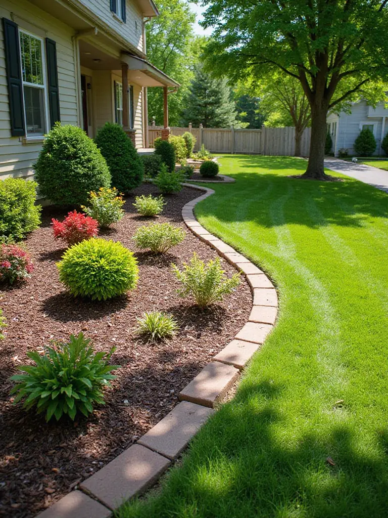 Front yard with neatly mulched flower beds enhancing curb appeal.
