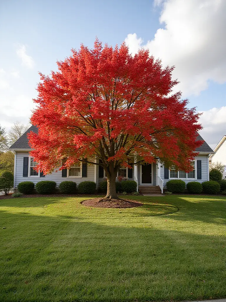 Front yard with a mature maple tree providing shade and architectural interest.