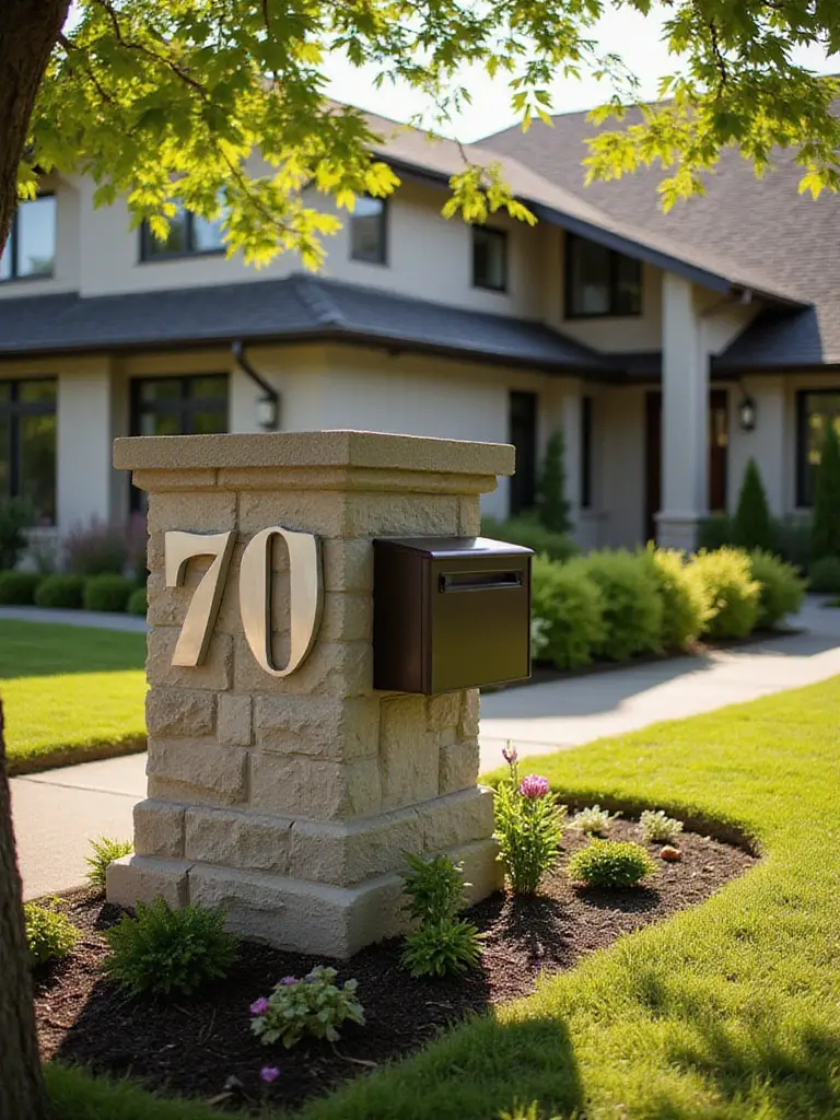 Modern craftsman home front yard with bronze mailbox and brushed silver address numbers mounted on a stone pillar surrounded by flowering plants