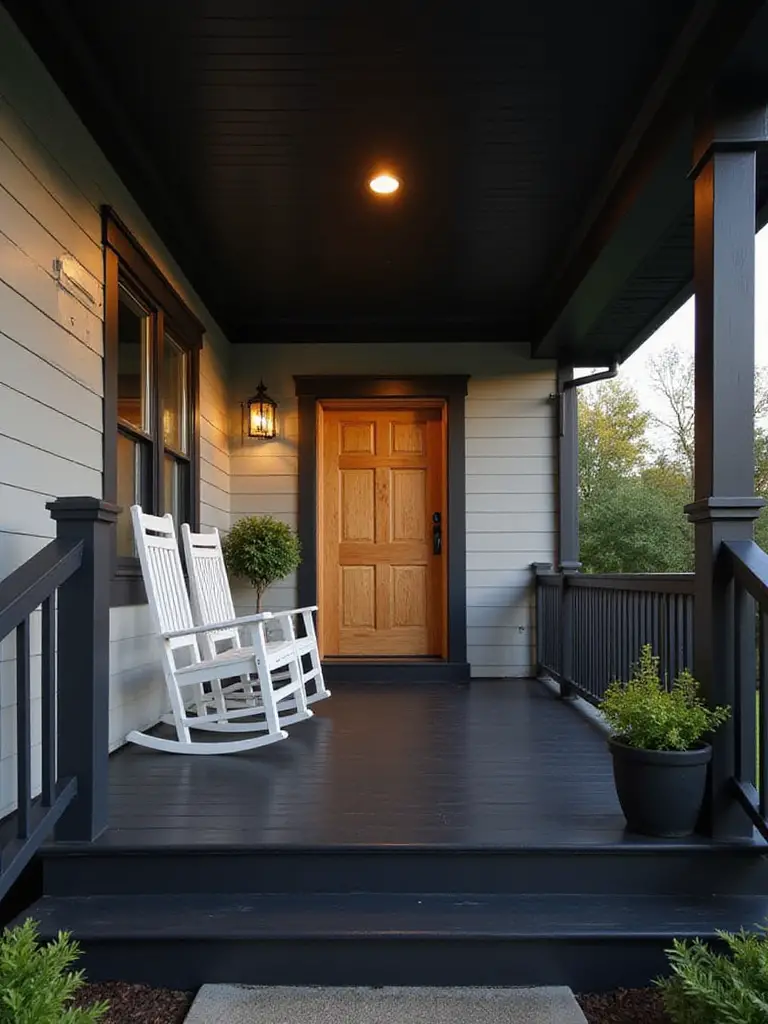 Black painted porch with white rocking chairs and natural wood door